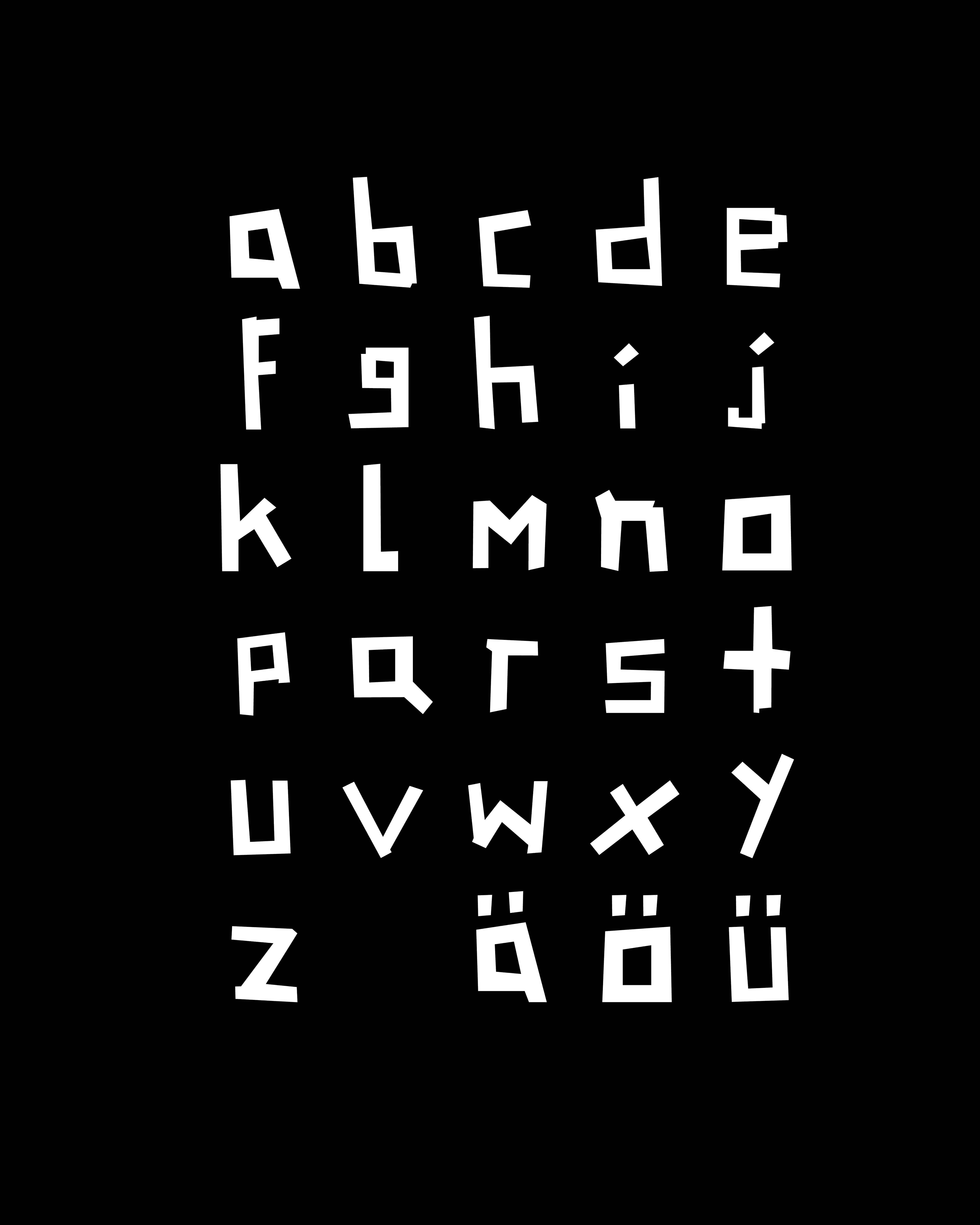 Übersicht der Kleinbuchstaben in negativ